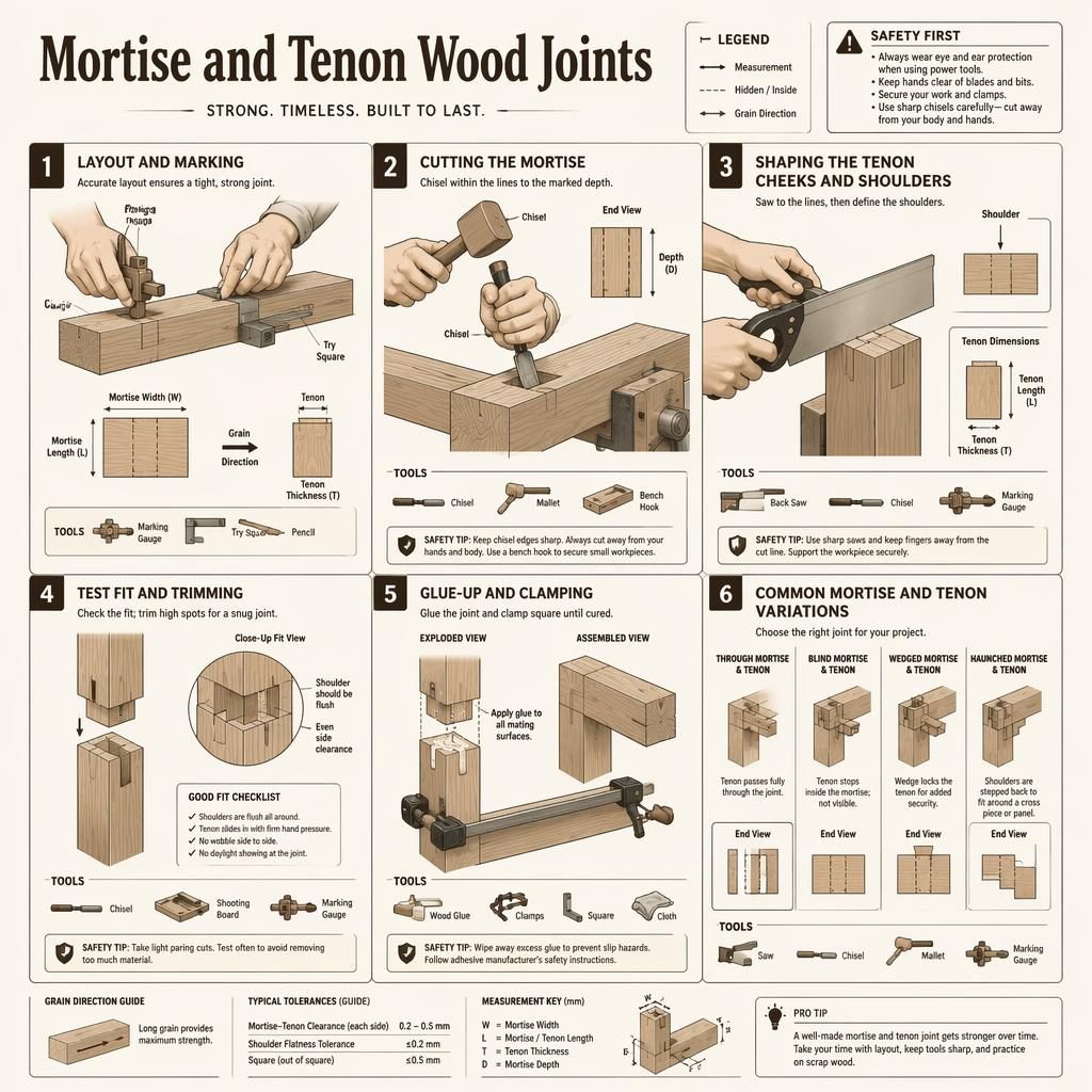 Monochrome DIY infographic with 6 numbered panels showing mortise and tenon wood joints, tools, diagrams, captions, and safety tips.