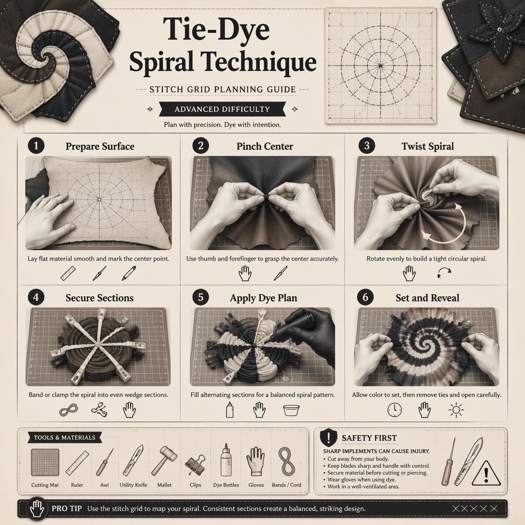 Monochrome DIY infographic poster with 6 numbered spiral technique steps, hand diagrams, grid overlays, tool icons, and safety callout.