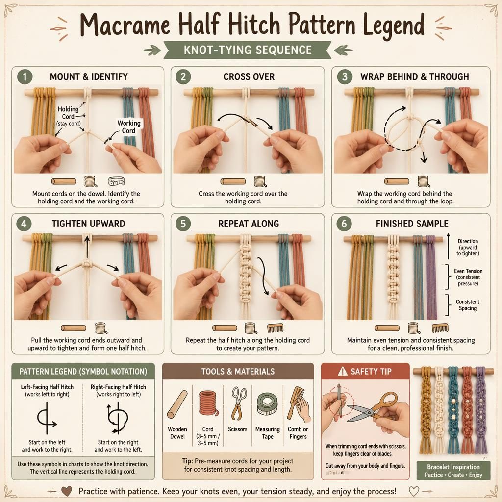 DIY infographic showing 6 macrame half hitch steps on a wooden dowel with hands, arrows, legend symbols, and tool icons.