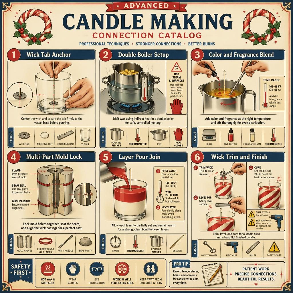 Vintage-style candle making infographic with 6 numbered panels, tool icons, safety cues, and bold red-blue-yellow accents.
