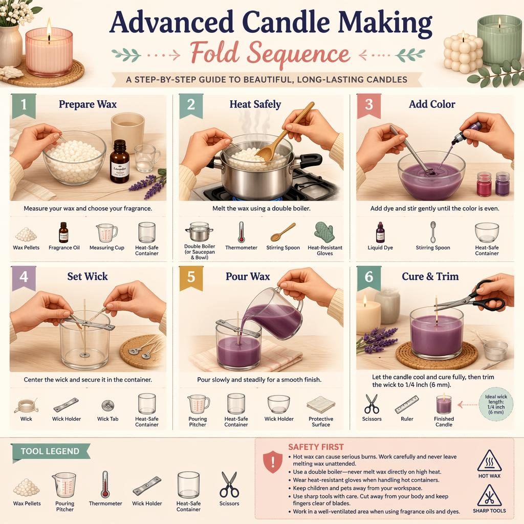 Pastel DIY infographic with 6 numbered candle-making steps, hand diagrams, tool icons, English labels, and safety note.