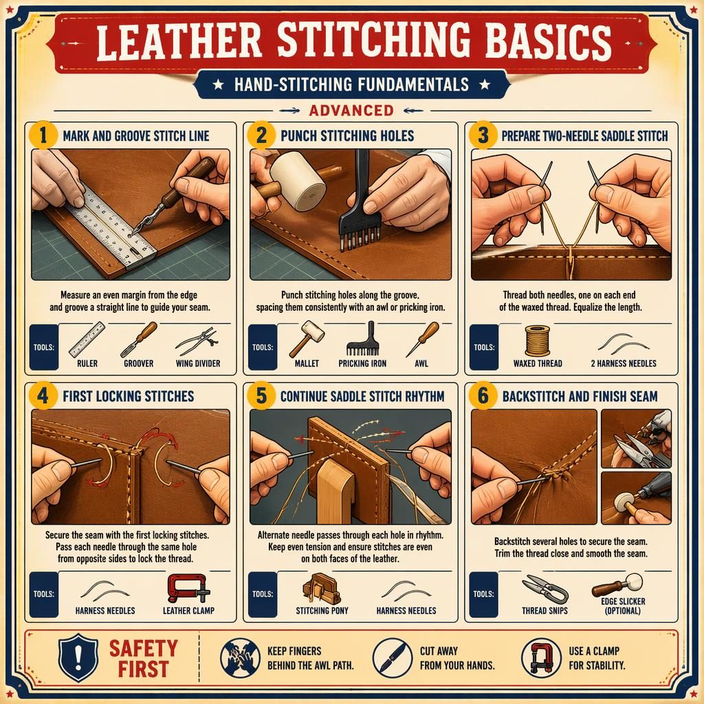 Vintage-Infografik mit 6 Schritten zum Leder-Handnähen, Händen, Nadeln, Lochwerkzeugen und Werkzeug-Icons im Raster.
