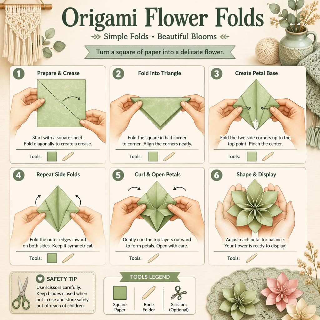Watercolor craft infographic showing 6 origami flower fold steps with hands, paper diagrams, tool icons, and safety tip.
