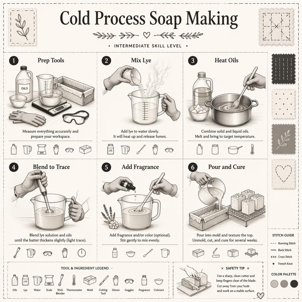 Monochrome craft infographic with 6 numbered panels showing cold process soap making steps, tools, hands, icons, and cure rack.