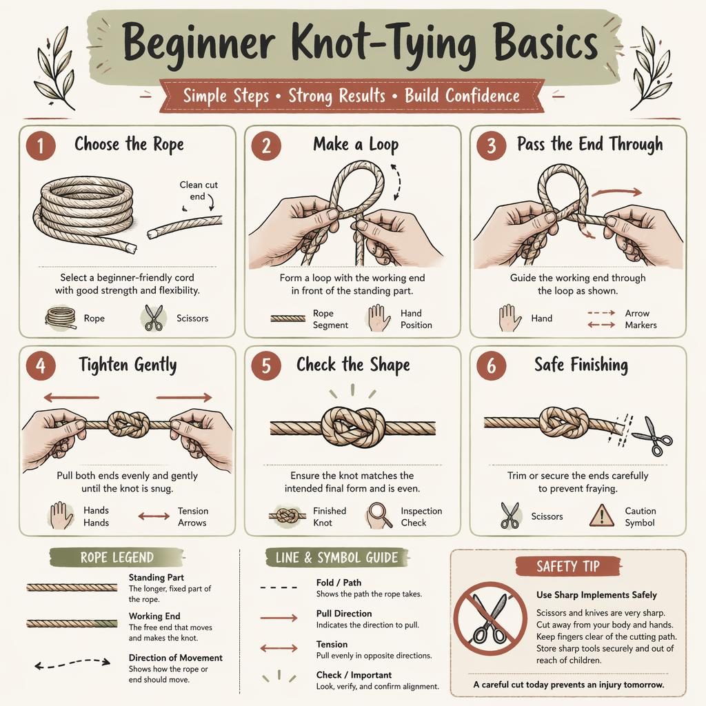 Sketchnote-style knot-tying infographic with 6 numbered rope steps, hand diagrams, tool icons, legend, and safety tip.