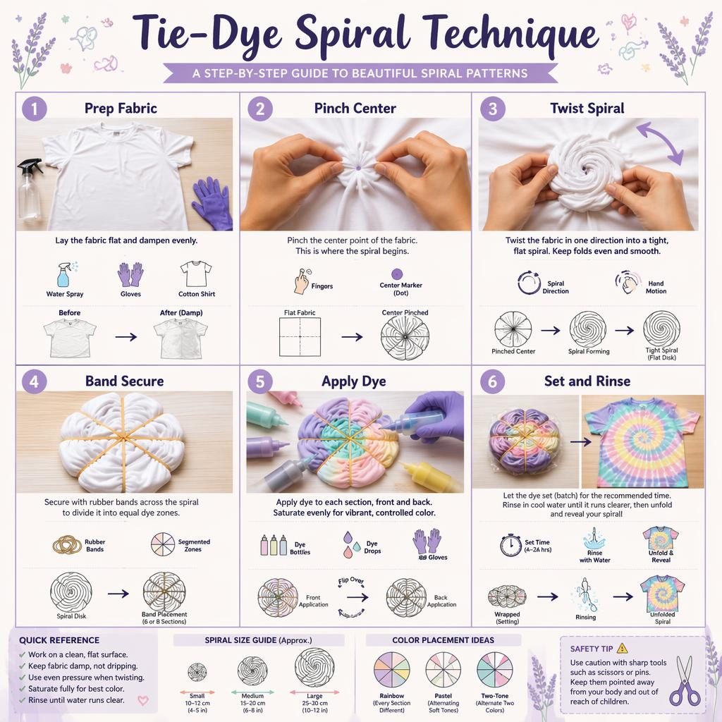 Pastel craft infographic showing 6 tie-dye spiral steps with hands, diagrams, arrows, dye bottles, rubber bands, and icons.