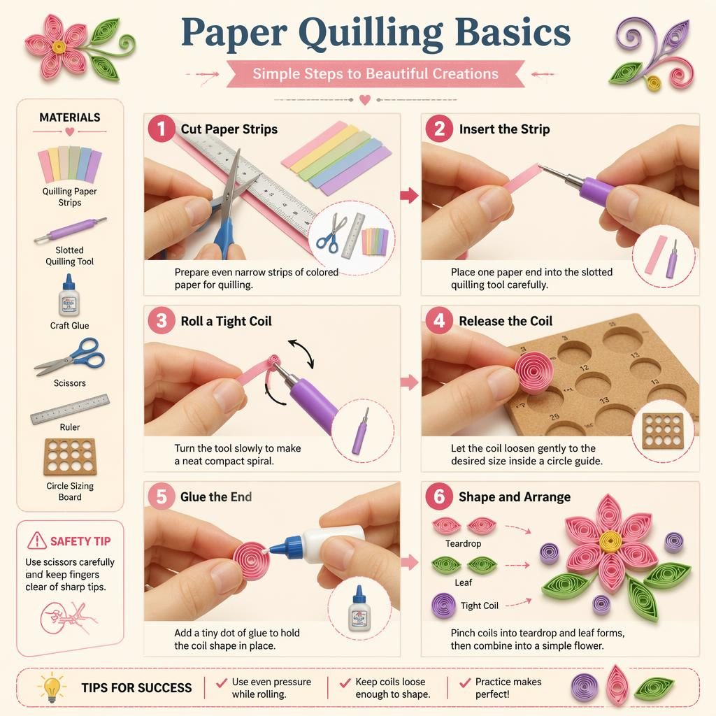 Infografik mit 6 nummerierten Schritten zu Paper Quilling Basics, Hände, Papierstreifen, Quilling-Tool, Schere, Lineal und Kleber.
