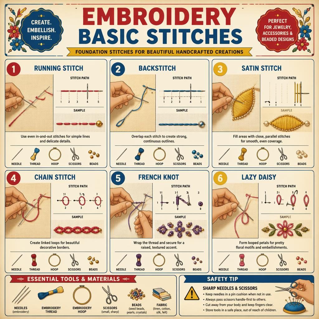 Vintage-style embroidery infographic with 6 numbered stitch panels, tool icons, hand diagrams, bead accents, and safety tip.