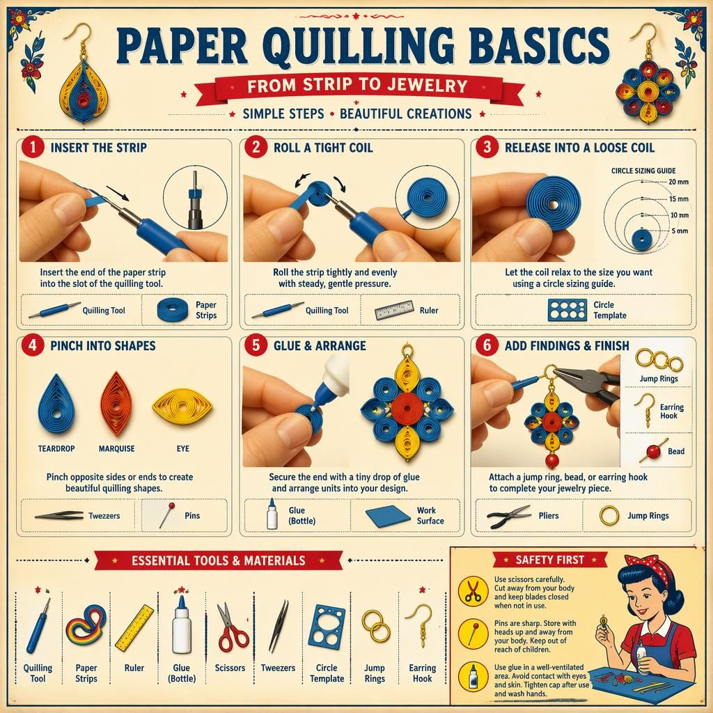 Vintage-style DIY infographic with 6 numbered paper quilling basics steps, hand diagrams, tool icons, jewelry assembly, and safety tips.