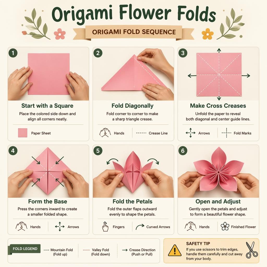 Minimal flat infographic shows 6 numbered origami flower folding steps with hands, diagrams, icons, legends, and safety tip.