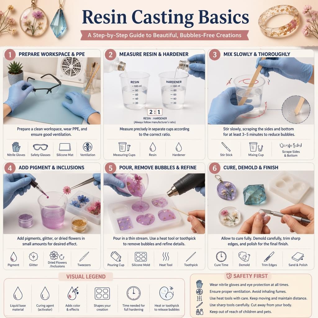 Pastel craft infographic showing 6 resin casting steps with hands, tools, safety icons, molds, pigments, and curing.