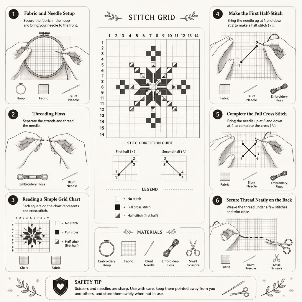 Monochrome cross stitch beginner infographic with 6 numbered steps, central pattern grid, hand diagrams, tool icons, and safety tip.
