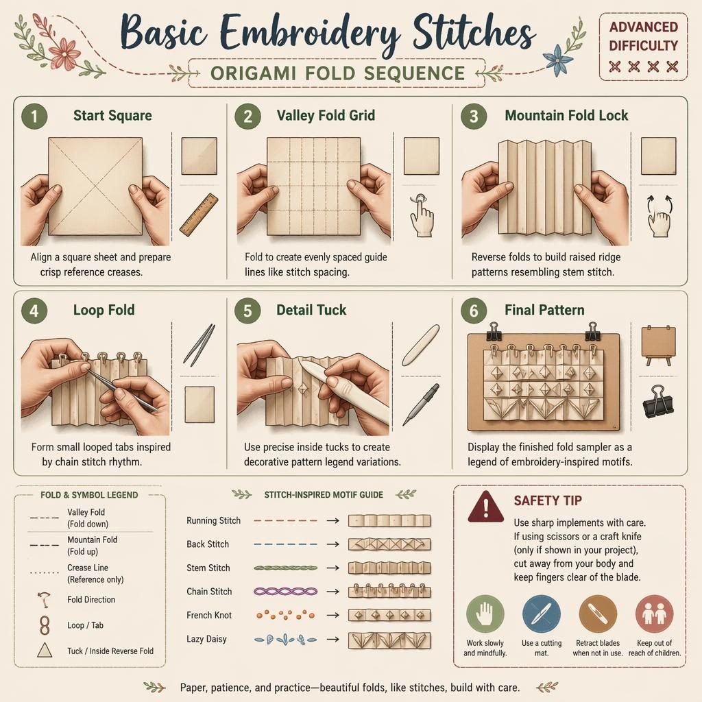 Infografía de origami con 6 pasos numerados, manos correctas, iconos de herramientas y motivos inspirados en puntadas.