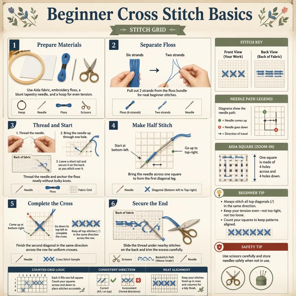 Vintage-style craft infographic poster with 6 numbered cross stitch steps, hand diagrams, stitch grid, tools, legends, and safety tip.