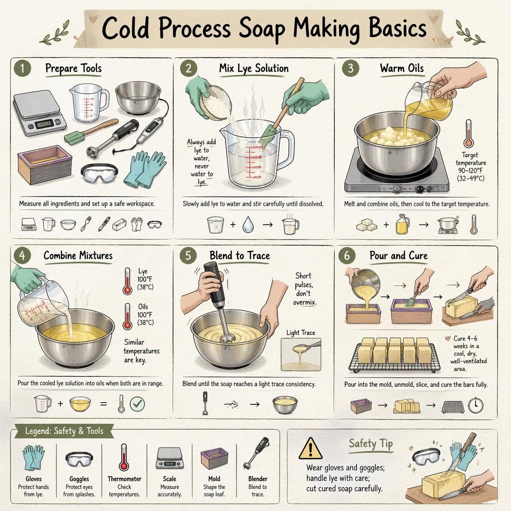 Sketchnote infographic with 6 numbered panels showing cold process soap making steps, tools, safety legend, and hand diagrams.