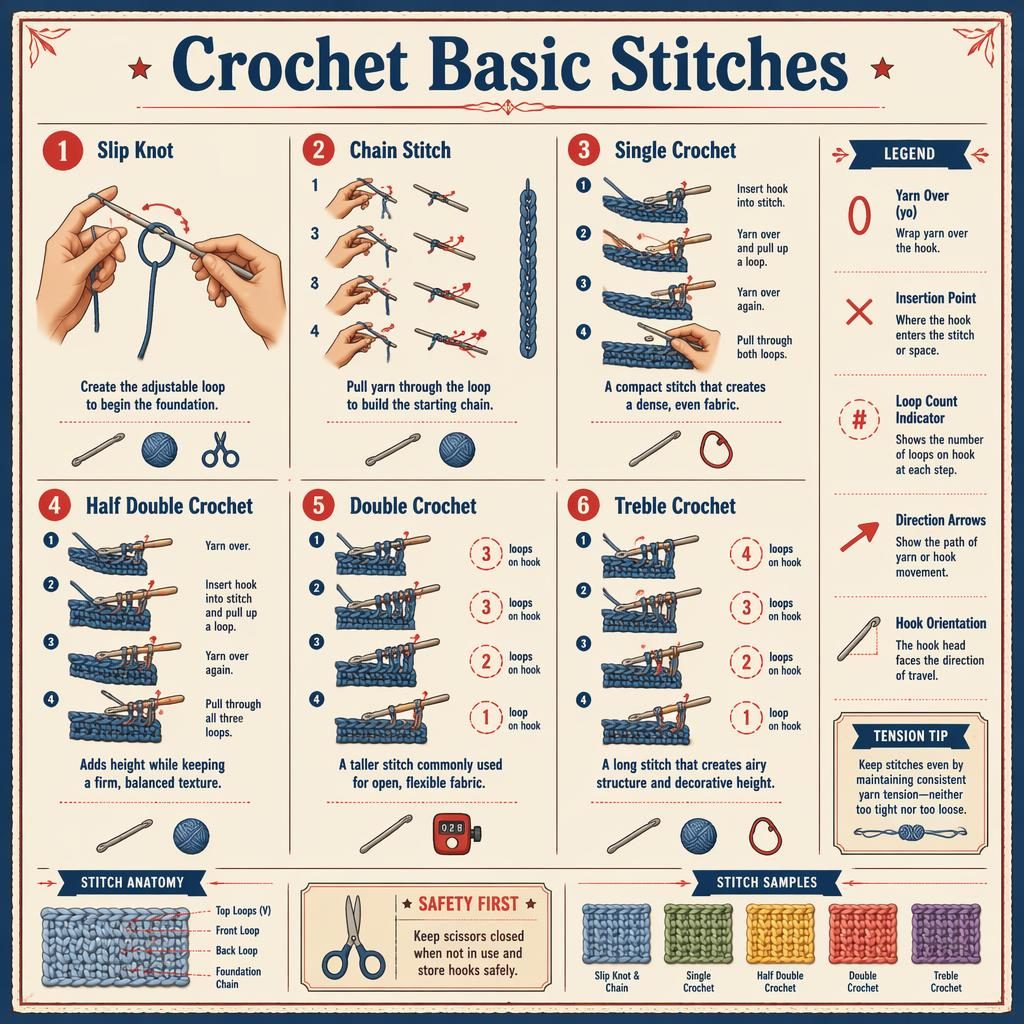 Vintage-Infografik mit 6 nummerierten Häkelstich-Panels, englischen Beschriftungen, Legende, Werkzeug-Icons und Sicherheitshinweis.