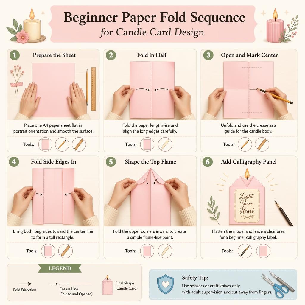 Pastel A4 vertical infographic with 6 numbered paper-fold steps to make a candle card, hand diagrams, tool icons, and safety tip.