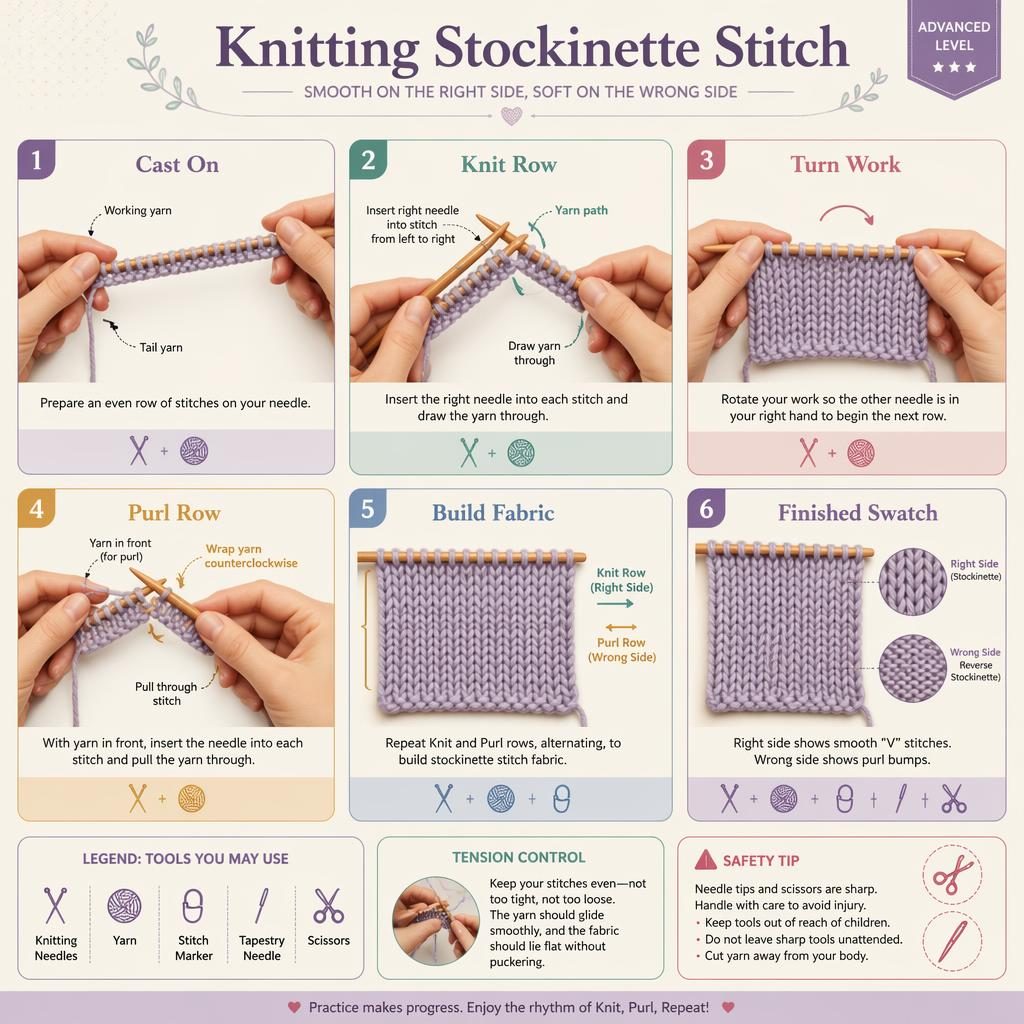 Pastel DIY infographic with 6 numbered panels showing stockinette knitting steps, hand positions, yarn path, tools, and safety tip.