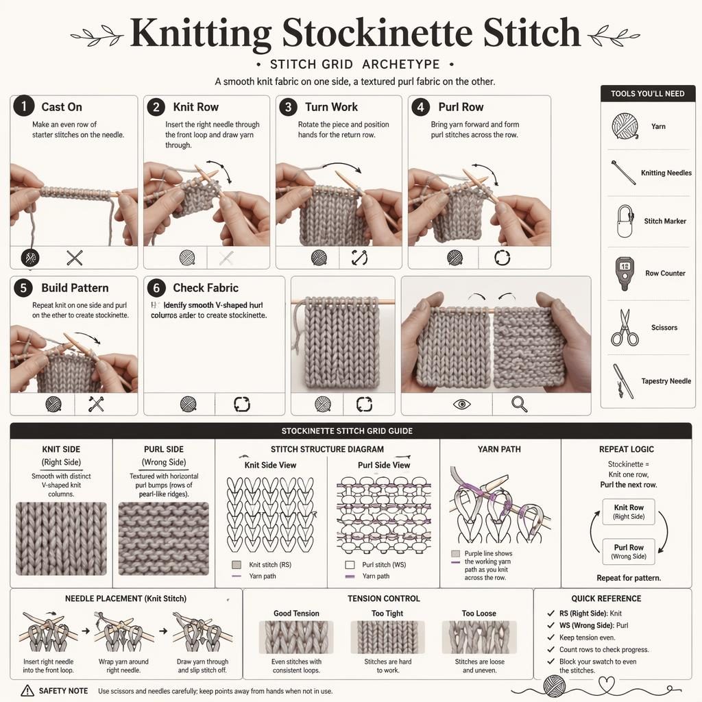 Monochrome knitting stockinette stitch infographic with 6 numbered steps, hand positions, stitch grid, tool icons, and safety note.
