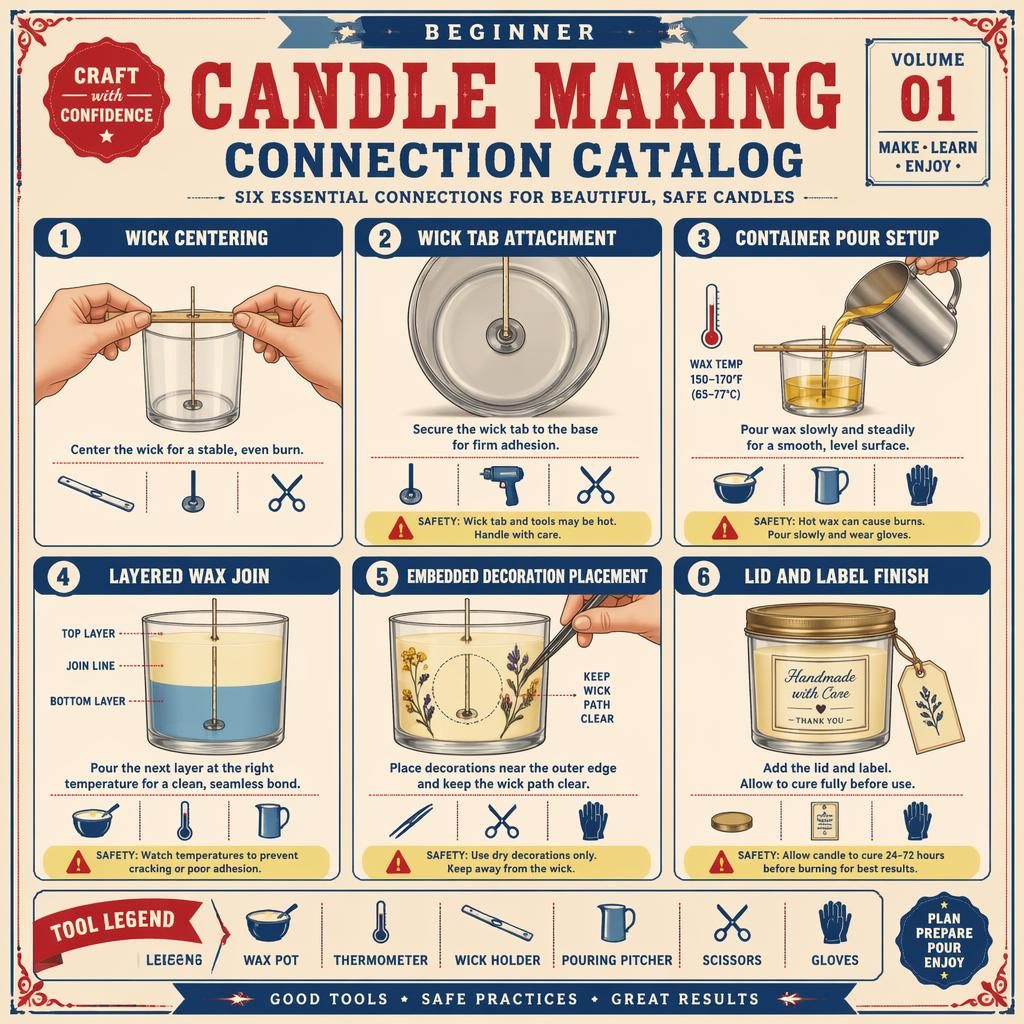 Vintage-style craft infographic with 6 numbered candle-making technique panels, English labels, tool icons, and safety notes.