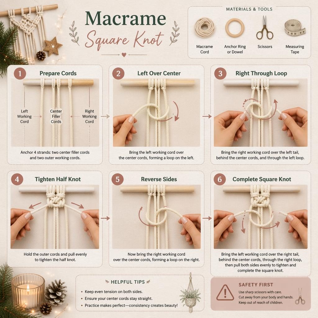 Pastel DIY infographic showing 6 numbered steps for a macrame square knot with hands, cord path arrows, icons, and safety tip.