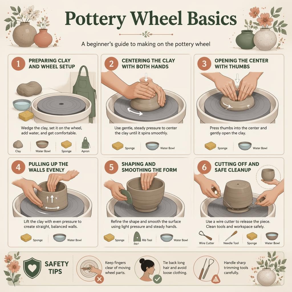 Minimalistische DIY-Infografik mit 6 nummerierten Schritten zu Töpferscheibe-Grundlagen, Handpositionen, Werkzeug-Icons und Sicherheitstipp.