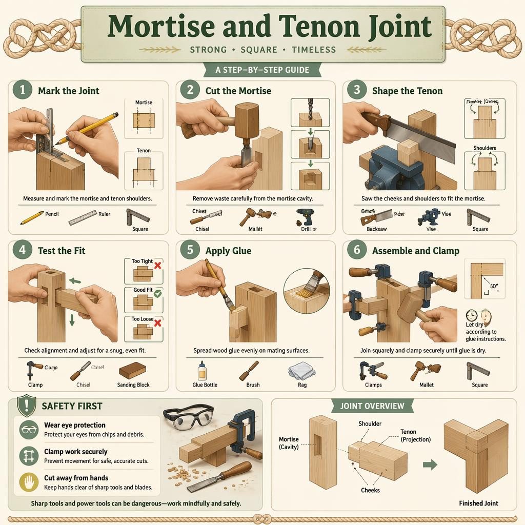 Pastel DIY infographic showing 6 numbered steps for a mortise and tenon joint with hands, tool icons, arrows, and safety tip panel.