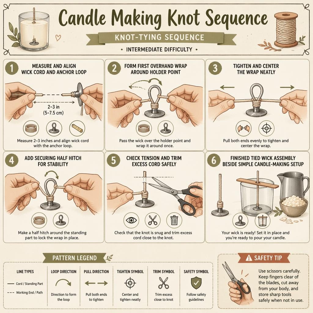 Sketchnote craft infographic showing 6 numbered candle wick knot steps, legend panel, tool icons, safety tip, and hands.