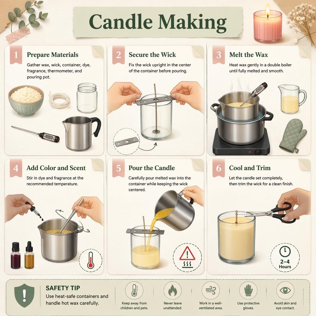 Pastel DIY candle making infographic with 6 numbered panels, hands, tools, arrows, safety icons, and cozy editorial layout.