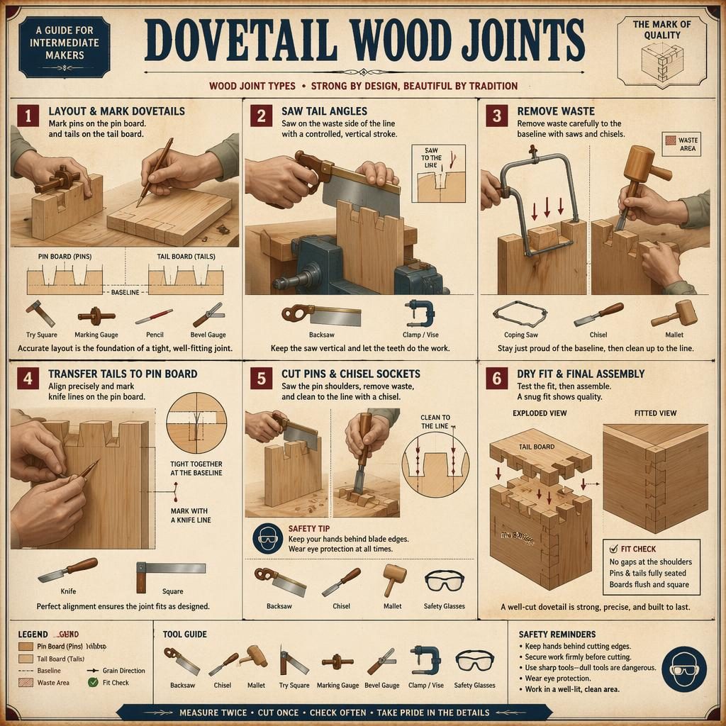 Vintage DIY-Infografik mit 6 Panels zu Schwalbenschwanz-Holzverbindungen, Werkzeug-Icons, Sicherheitsinfos und Montageansichten.