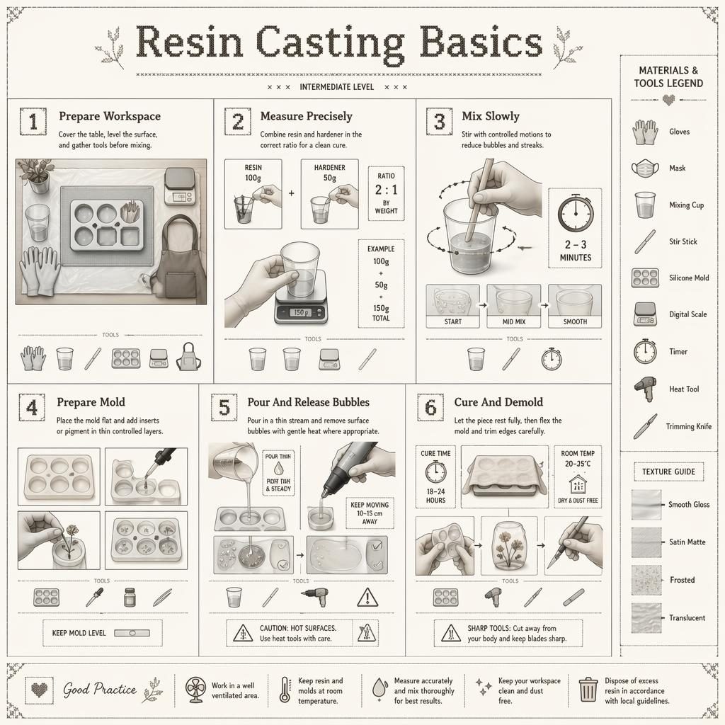 Monochrome resin casting infographic with 6 numbered panels, hand diagrams, tools legend, arrows, ratios, bubbles, curing.