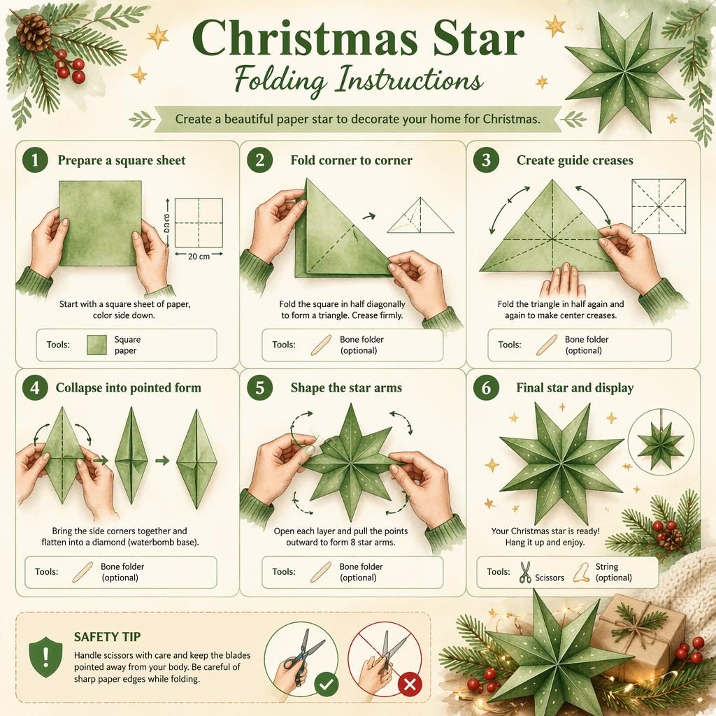 Watercolor DIY infographic with 6 numbered steps showing hands folding a paper Christmas star in sage and cream.