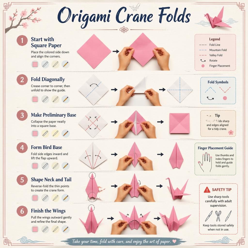 Pastel craft infographic showing 6 numbered origami crane fold steps with arrows, hand positions, paper diagrams, and tool icons.