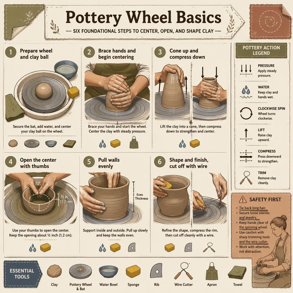 Sketchnote pottery wheel basics infographic with 6 numbered steps, tool icons, safety callout, and muted earth-tone craft layout.