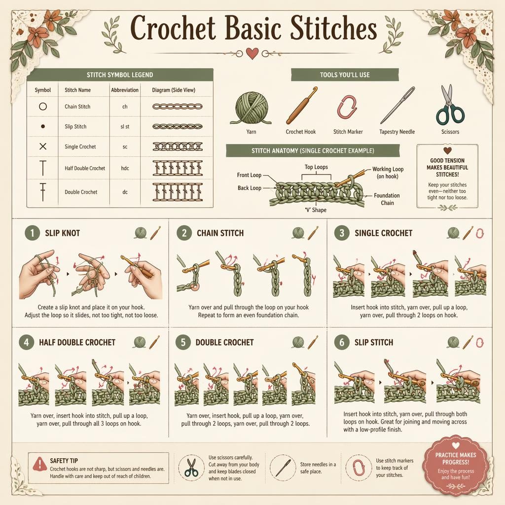 Crochet basic stitches infographic with legend panel, 6 numbered stitch steps, tool icons, and papercut-style frame.
