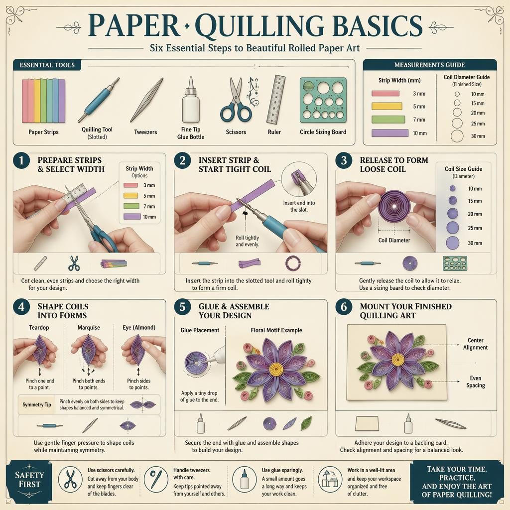 Technische DIY-Infografik mit 6 nummerierten Schritten zu Paper Quilling, Händen, Werkzeug-Icons und floralem Motiv.