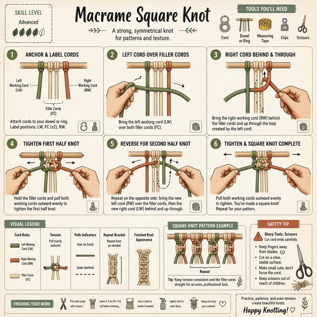 DIY-Infografik zum Makramee Square Knot mit 6 Schritten, Handdiagrammen, Legende, Werkzeugicons und Erdtönen.