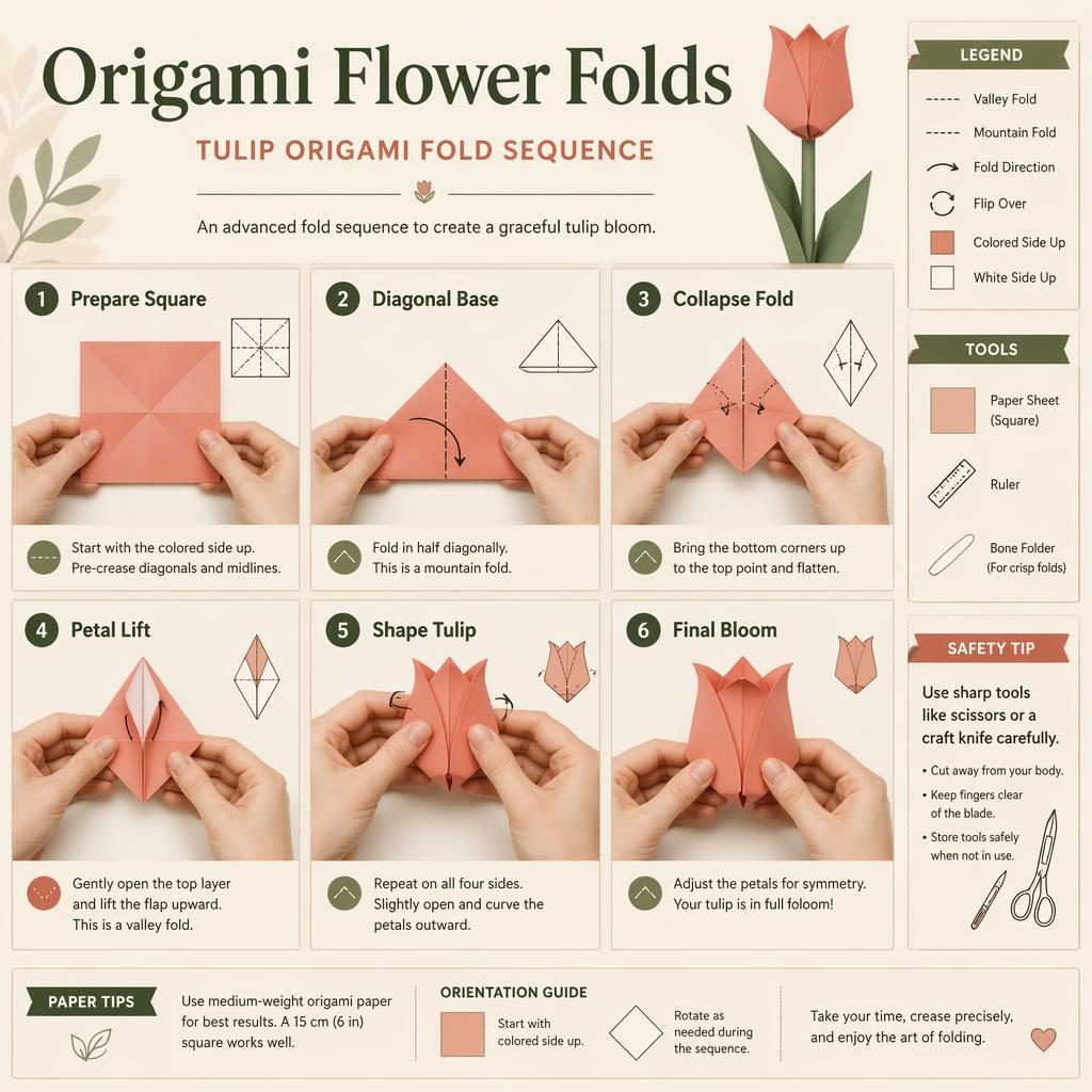 Minimalistische DIY-Infografik mit 6 nummerierten Schritten zum Falten einer Origami-Tulpe, mit Händen, Symbolen und Werkzeugicons.
