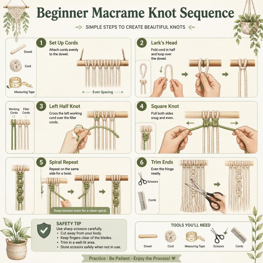 Cozy watercolor infographic showing 6 beginner macrame steps with hands, cord diagrams, arrows, tool icons, and safety tip.