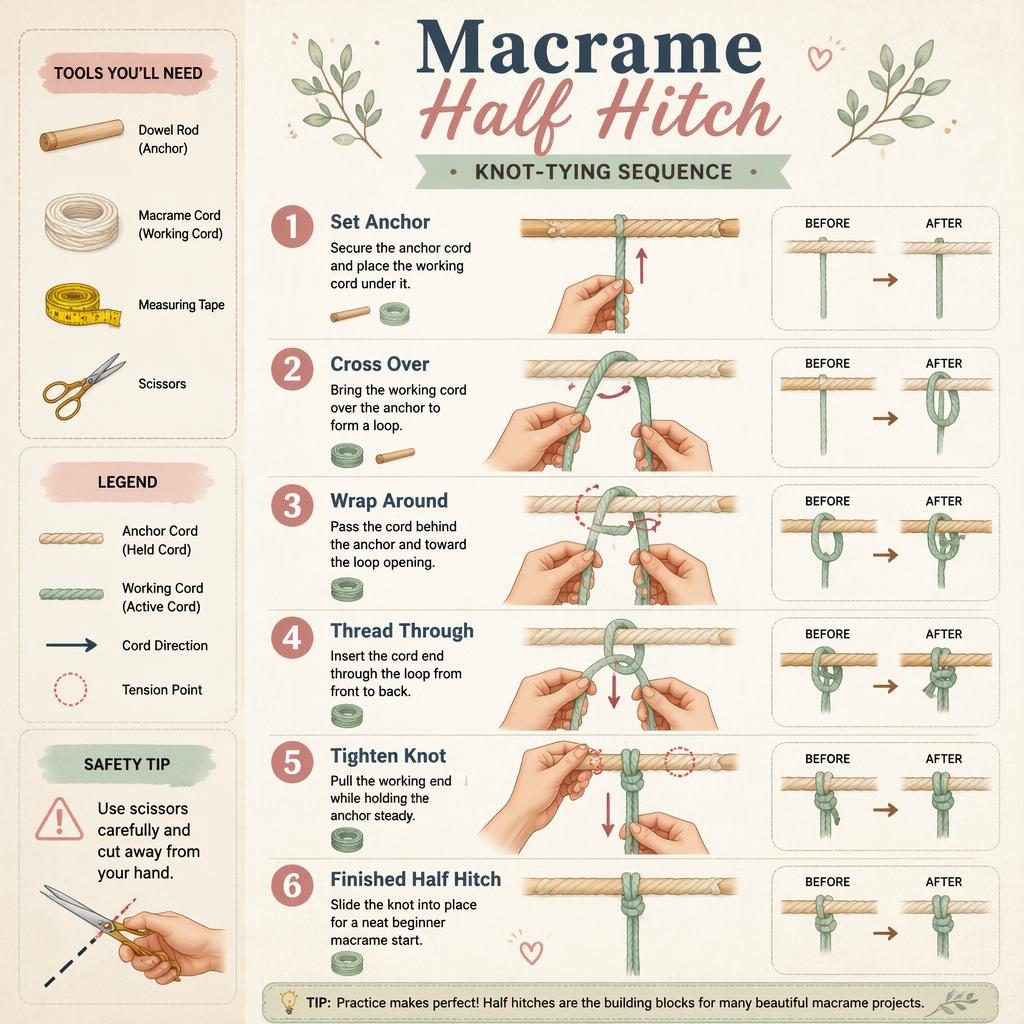 Vertical pastel craft infographic with 6 numbered steps showing hands tying a macrame half hitch on a horizontal cord.