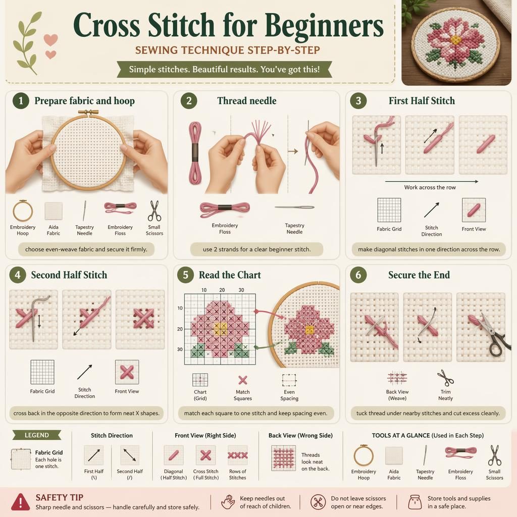 Minimal flat infographic shows 6 numbered cross stitch steps, tools, chart, hand positions, legend, and safety note.