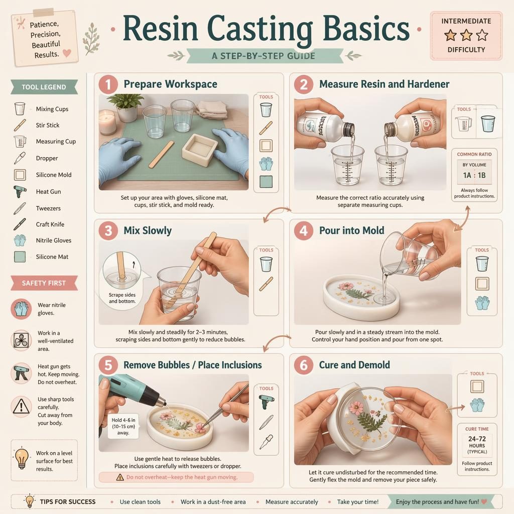 Pastel craft infographic with 6 numbered resin casting steps, hands, tool icons, arrows, captions, and safety callouts.