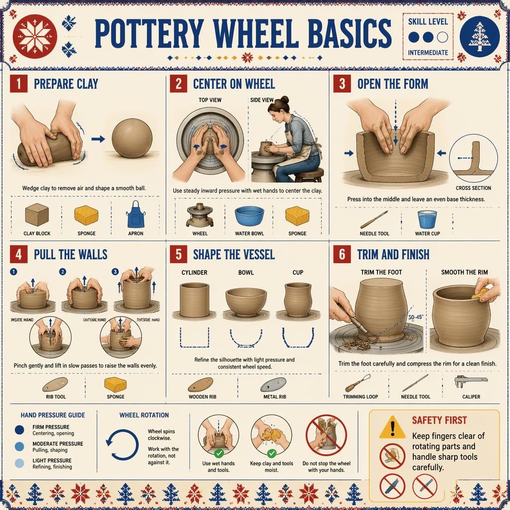Vintage-style craft infographic with 6 numbered pottery wheel basics steps, hand diagrams, tool icons, and safety tips.
