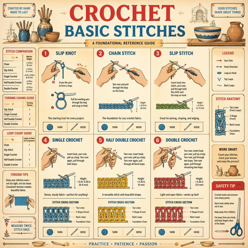 Vintage-style crochet basic stitches infographic with 6 numbered panels, hand diagrams, yarn paths, tool icons, and pottery accents.