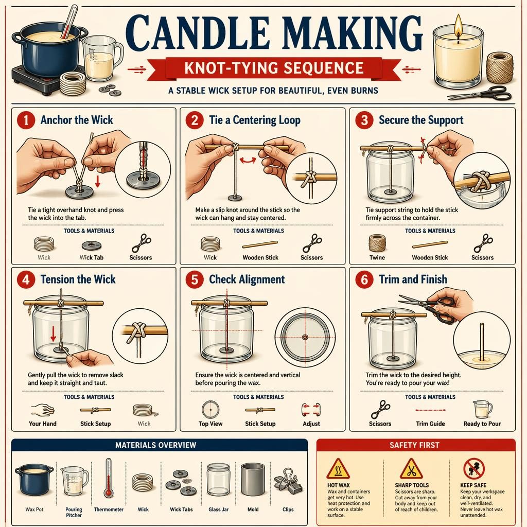 Vintage-style candle making infographic with 6 numbered knot-tying steps, tools, safety icons, and cream A4 layout.