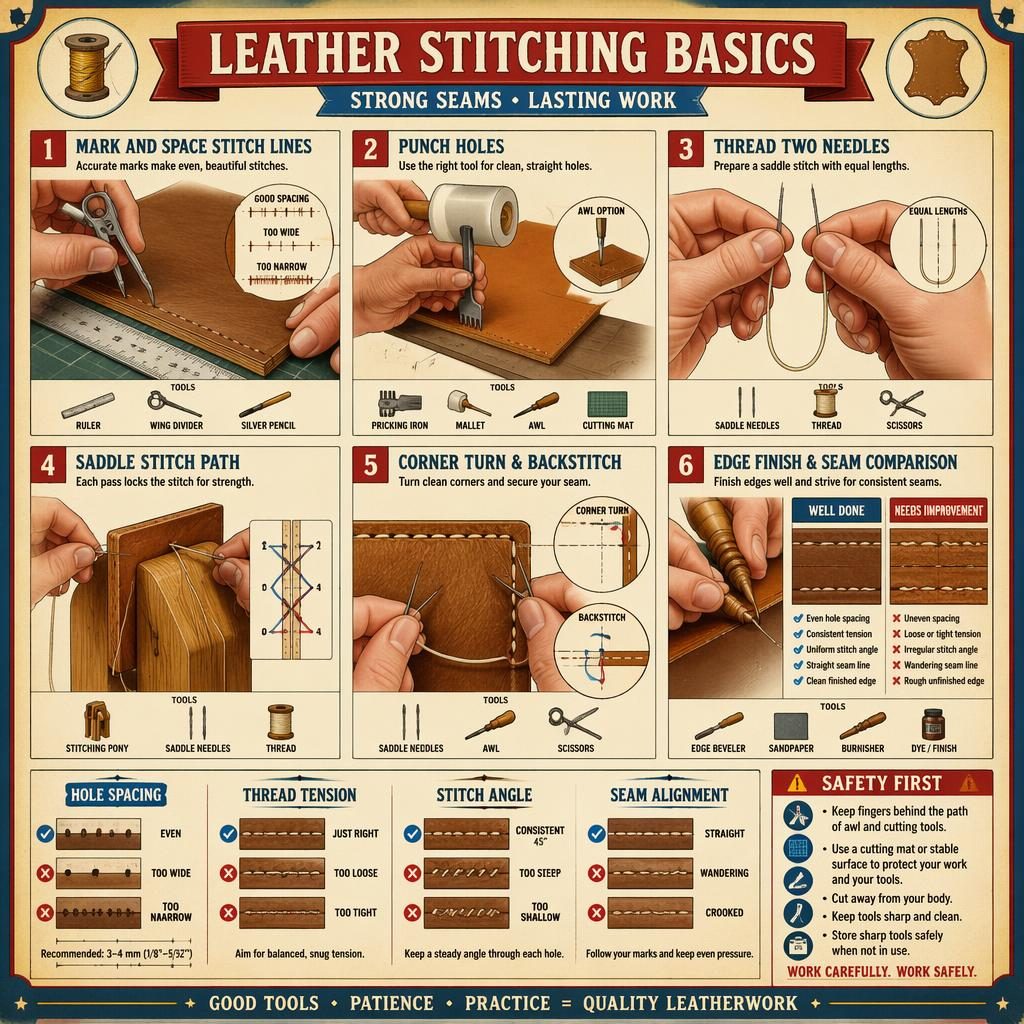 Vintage-style leather stitching basics infographic with 6 numbered panels, tool icons, hand positions, and safety tip.