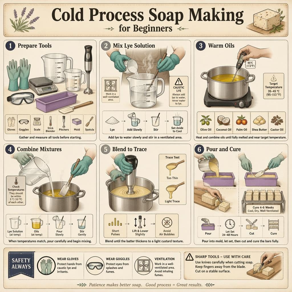 6-step cold process soap making infographic with tools, lye mixing, warming oils, blending, molding, cutting and safety icons