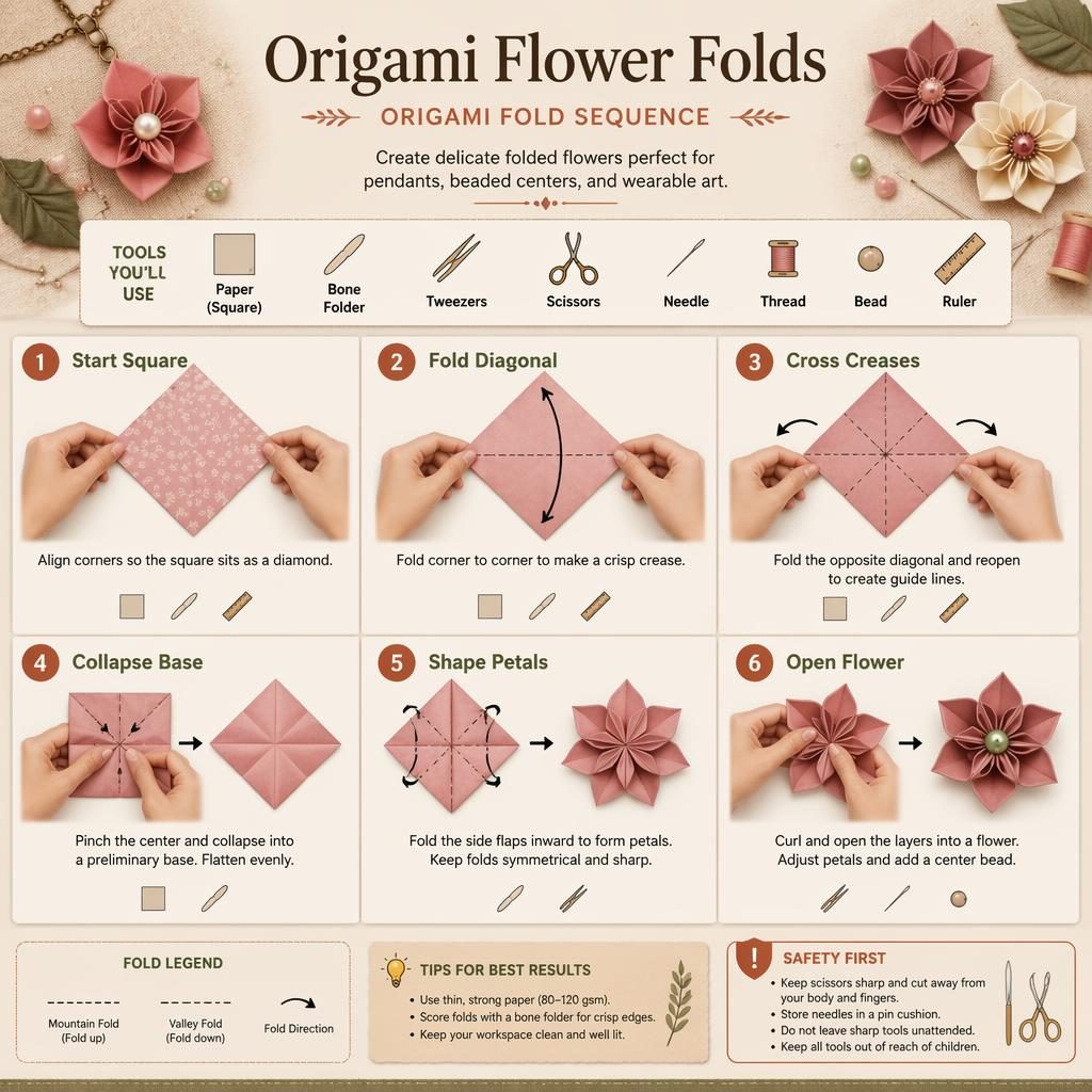 Vertical DIY infographic showing 6 origami flower fold steps with hands, arrows, tool icons, safety panel, and warm craft colors.