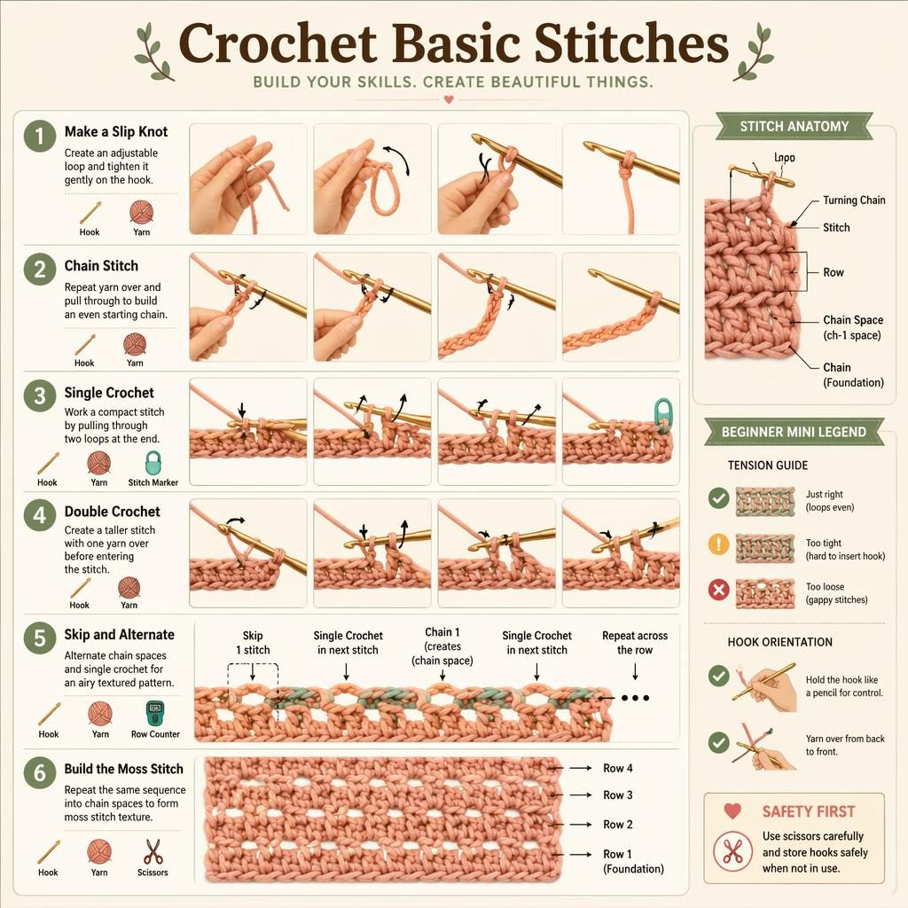 Flat DIY infographic with 6 numbered crochet steps, stitch anatomy panel, moss stitch swatch, yarn, hook, arrows, and tool icons.