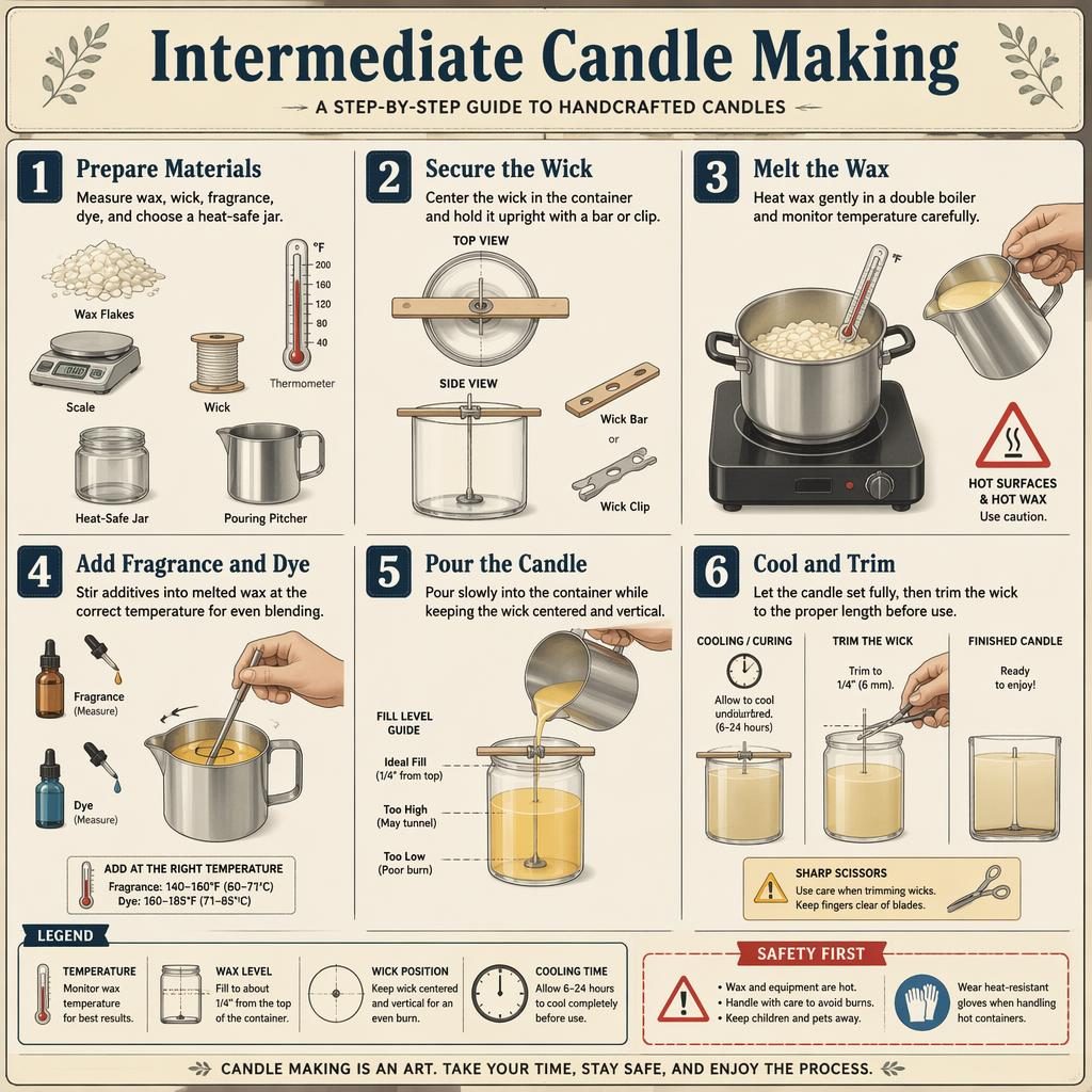 6-step candle making infographic with numbered diagrams, tools, hands, safety icons, legends, and vintage craft palette.